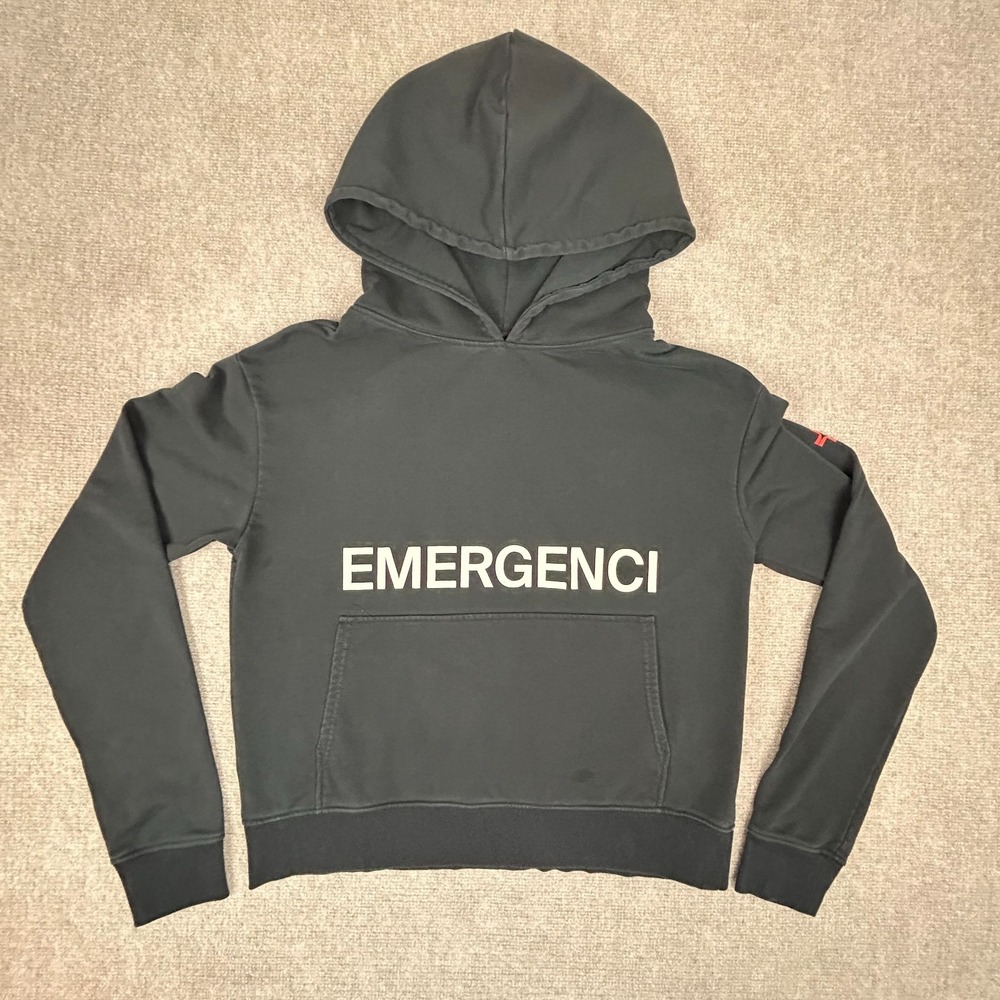 Emergenci Cropped Hoodie Women’s M Black Cotton Pocket Pullover Logo Graphic - Picture 2 of 14
